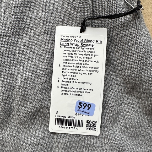 NWT LULULEMON Merino Wool-Blend Ribbed Long Wrap Sweater Heathered Gull Grey 8 - Picture 8 of 11